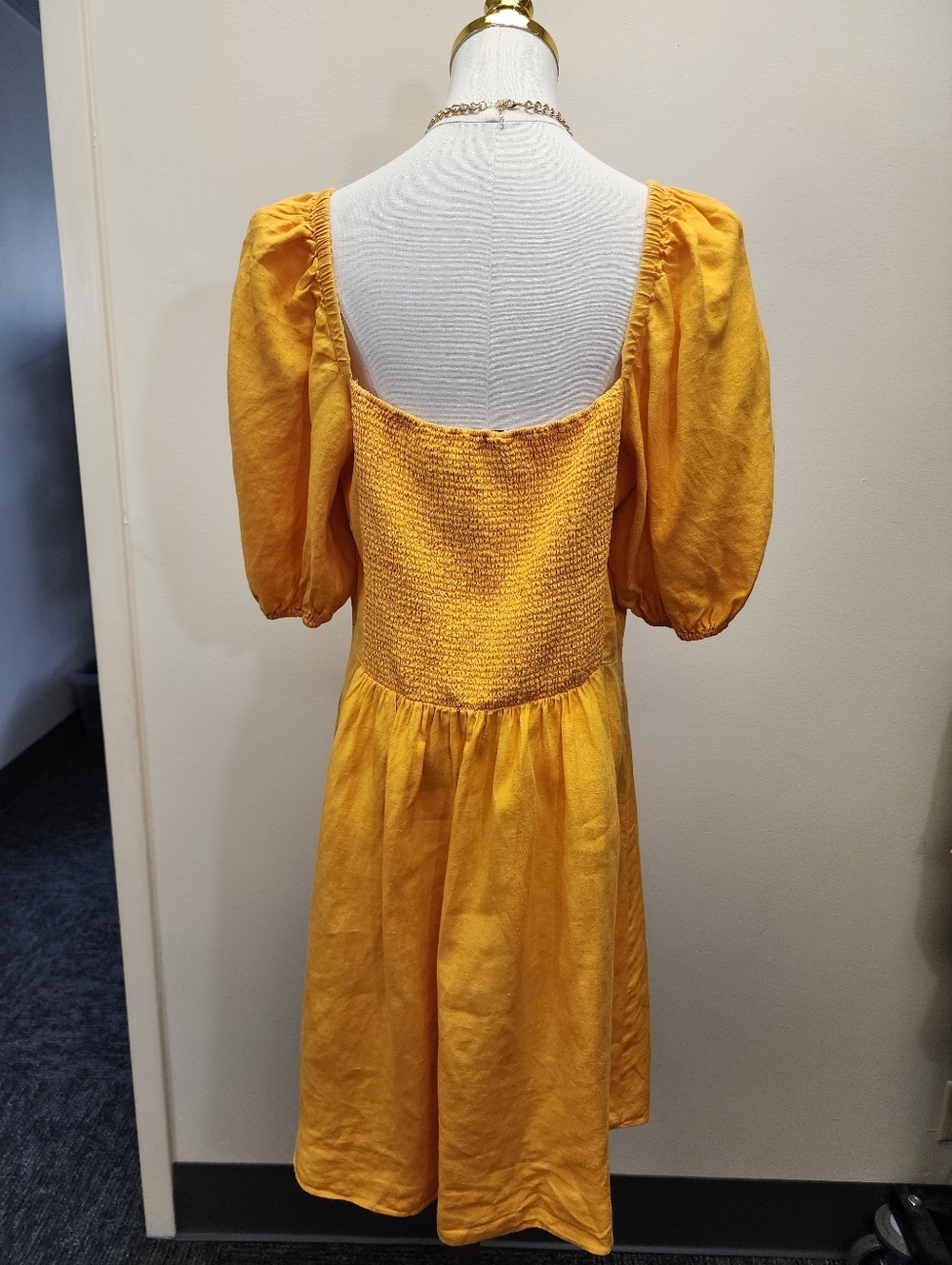 The Drop Mustard Yellow Midi Dress Puff Sleeve Ruched Bust Spring Dress Size XL - Picture 4 of 8